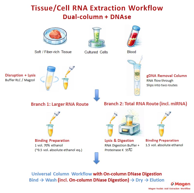Dual-column RNA extraction workflow with gDNA removal, DNase digestion and route options for larger RNA or total RNA including miRNA Dual-column RNA extraction workflow with gDNA removal, DNase digestion and route options for larger RNA or total RNA including miRNA