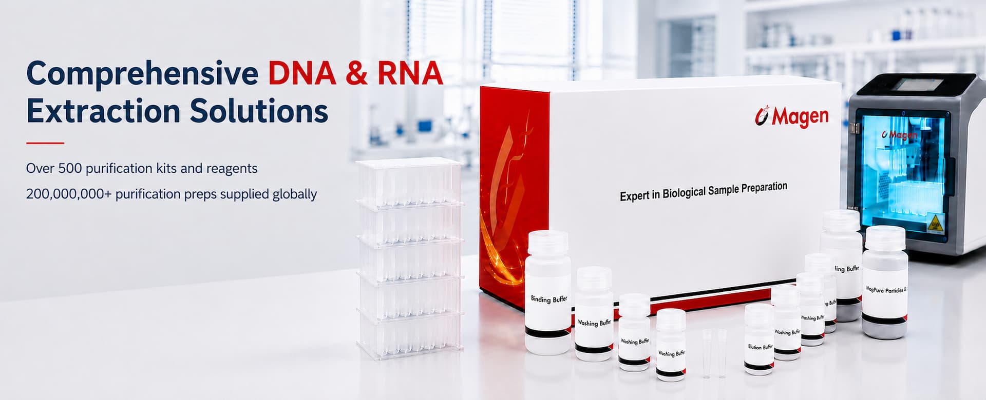 Magen DNA and RNA extraction solutions with purification kits, prefilled plates, buffers, spin columns and automated instruments