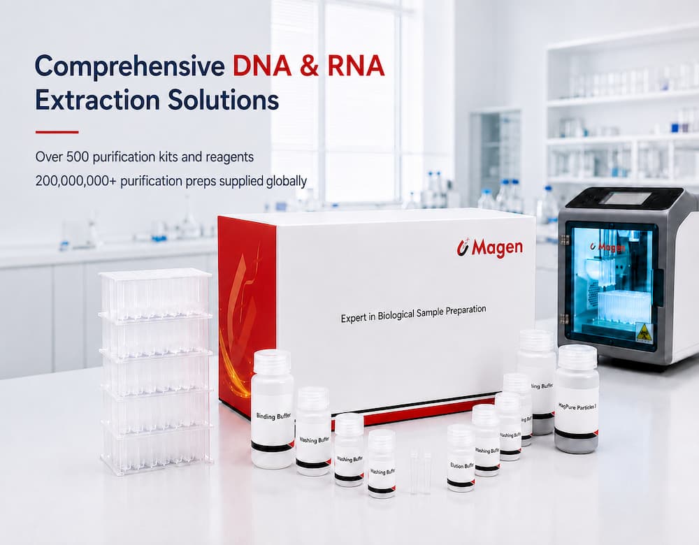 Magen DNA and RNA extraction solutions with purification kits, prefilled plates, buffers, spin columns and automated instruments