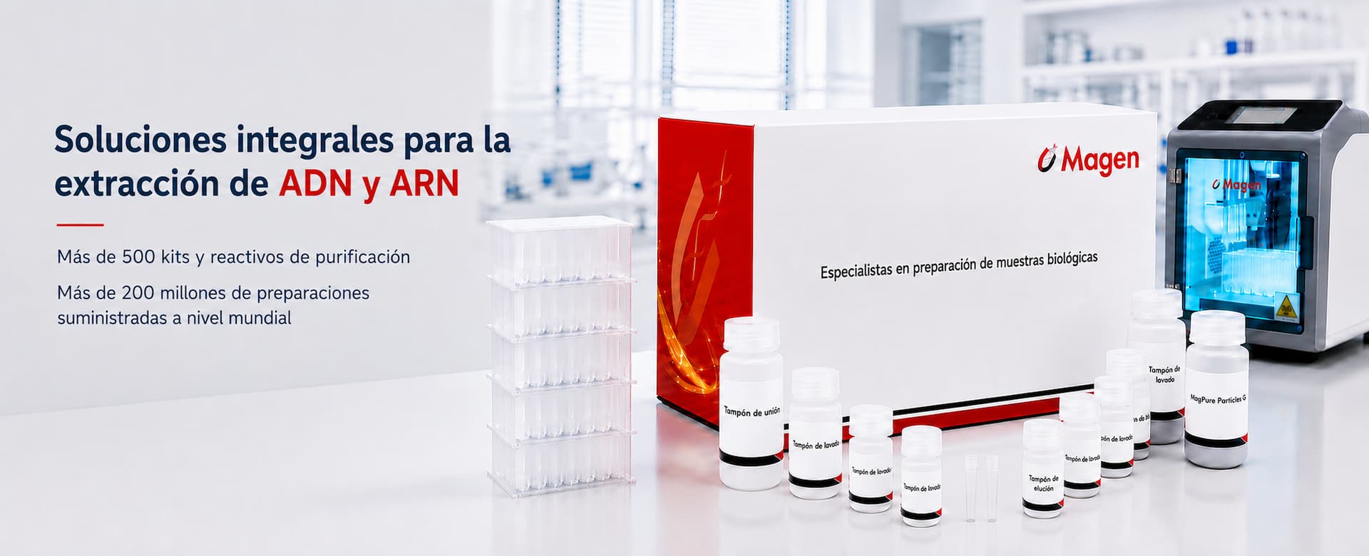 Soluciones de Magen para la extracción de ADN y ARN con kits, reactivos, placas prellenadas y equipos automatizados